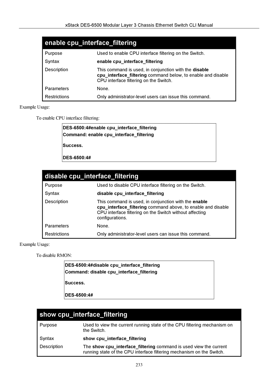 D-Link TM DES-6500 manual Enable cpuinterfacefiltering, Disable cpuinterfacefiltering, Show cpuinterfacefiltering 