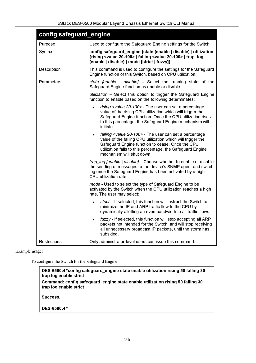 D-Link TM DES-6500 manual Config safeguardengine state enable disable utilization, Enable disable mode strict fuzzy 