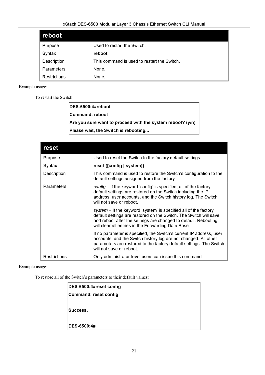 D-Link TM DES-6500 manual Reboot, Reset, DES-65004#reset config Command reset config Success 