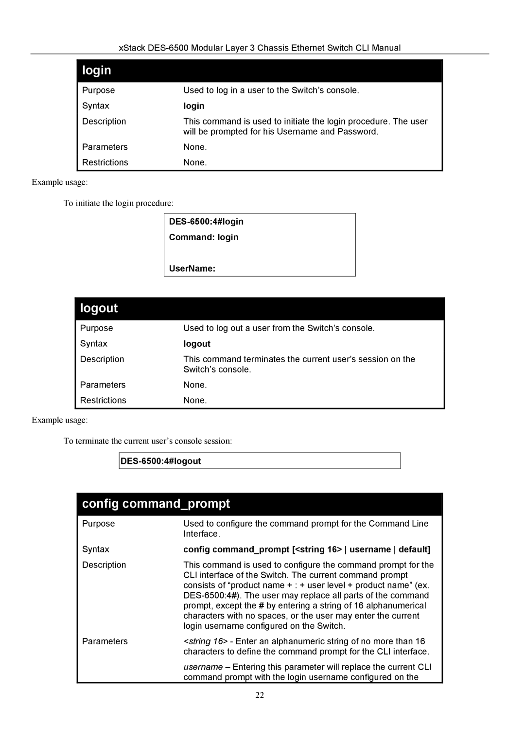 D-Link TM DES-6500 manual Login, Logout, Config commandprompt 