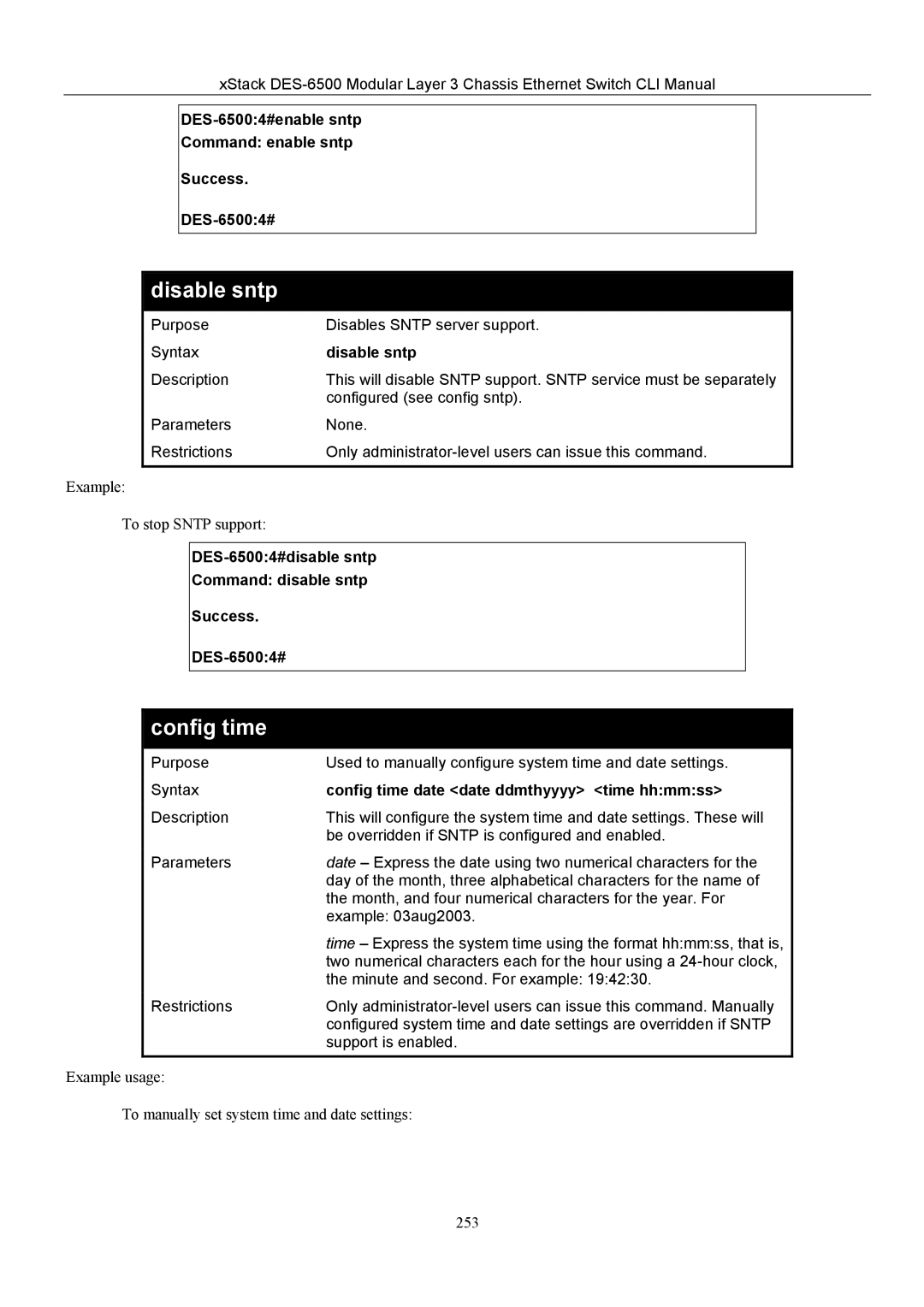 D-Link TM DES-6500 manual Disable sntp, Config time 