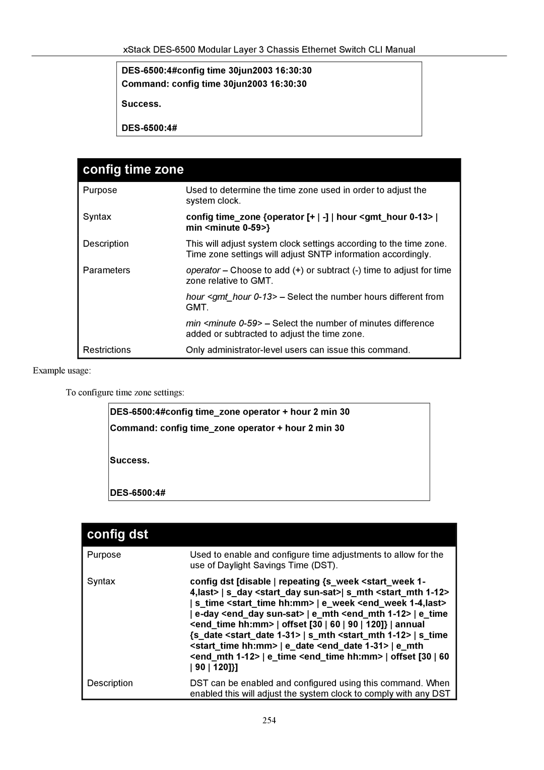 D-Link TM DES-6500 manual Config dst, Config timezone operator + hour gmthour, Min minute 