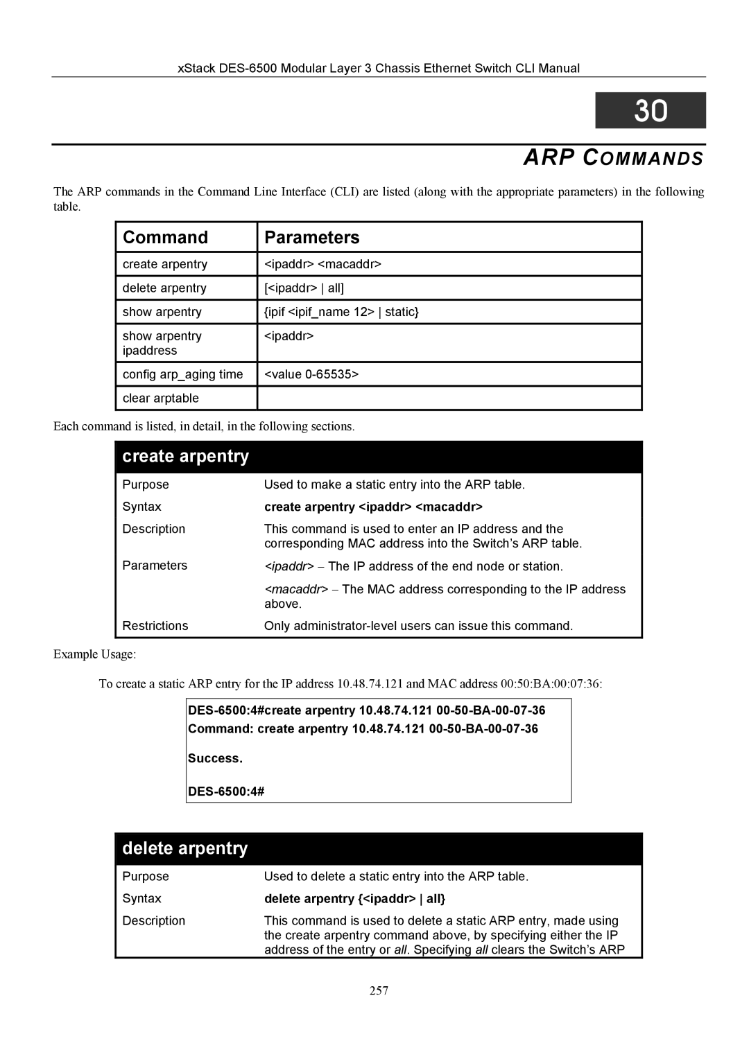D-Link TM DES-6500 manual ARP Commands, Create arpentry ipaddr macaddr, Delete arpentry ipaddr all 