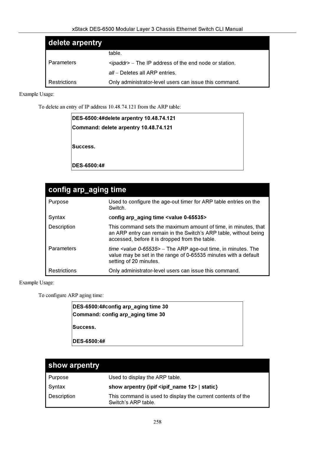 D-Link TM DES-6500 manual Config arpaging time, Show arpentry, DES-65004#delete arpentry Command delete arpentry Success 