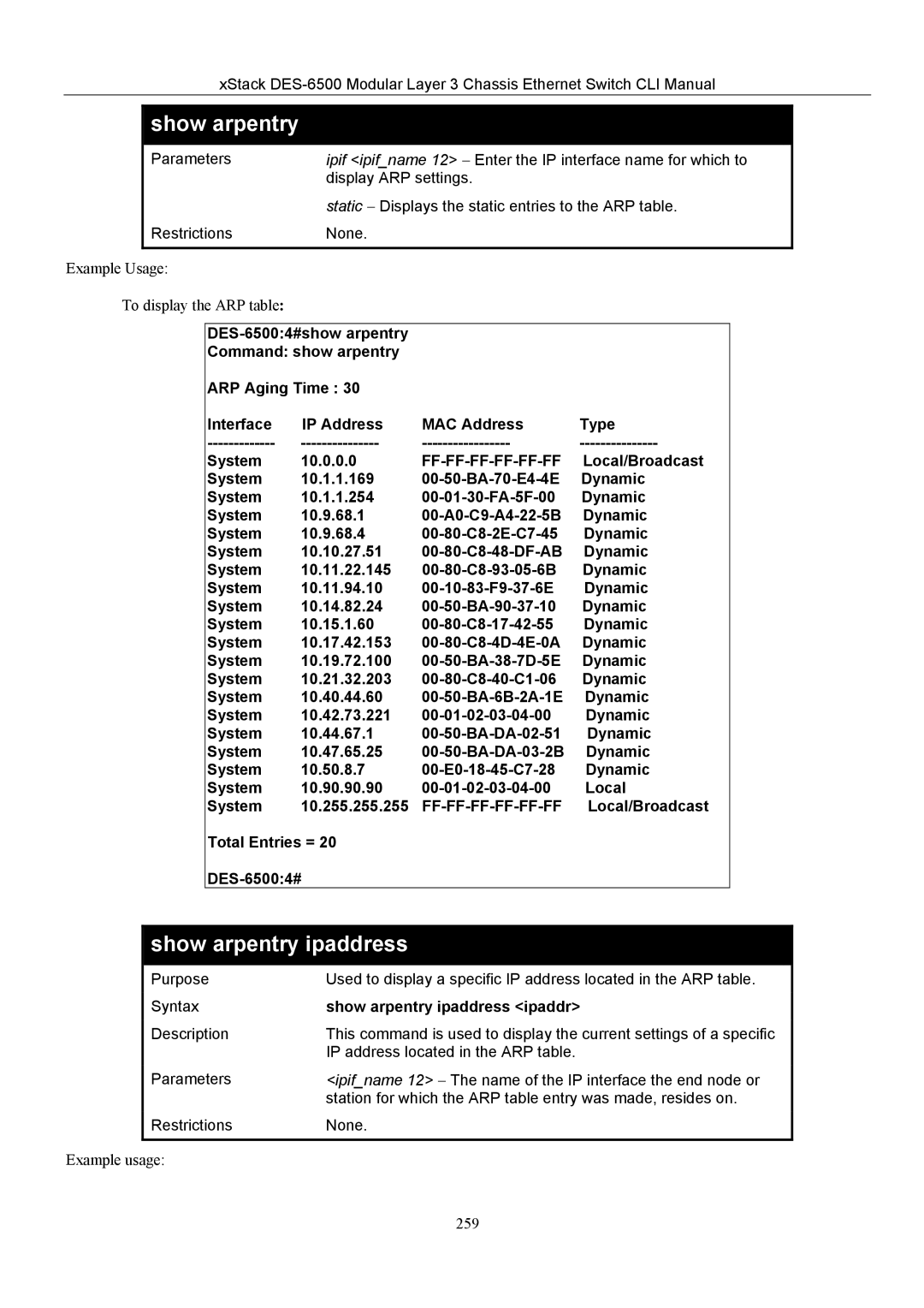 D-Link TM DES-6500 manual Show arpentry ipaddress ipaddr 