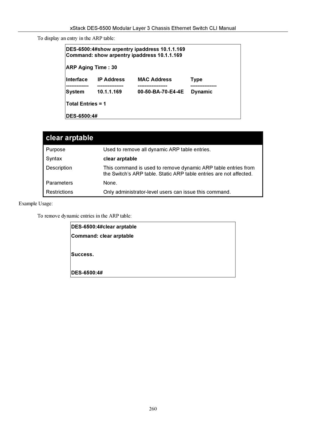 D-Link TM DES-6500 manual Clear arptable, DES-65004#clear arptable Command clear arptable Success 