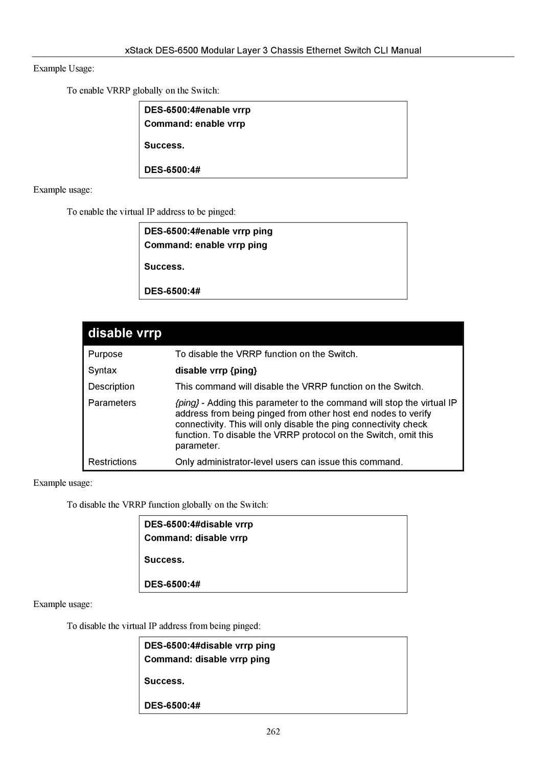 D-Link TM DES-6500 manual DES-65004#enable vrrp Command enable vrrp Success, Disable vrrp ping 
