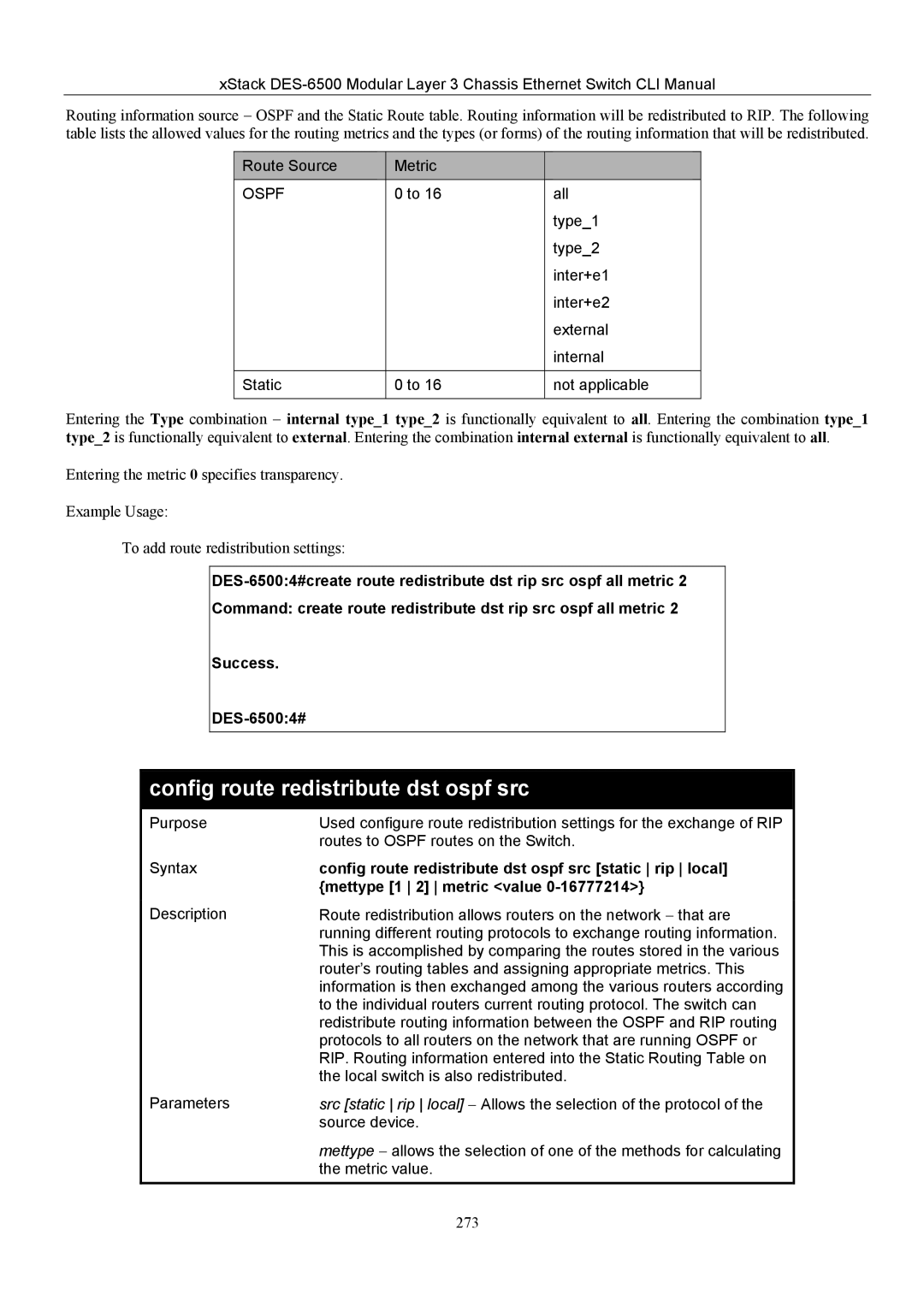 D-Link TM DES-6500 manual Config route redistribute dst ospf src, Static Not applicable 