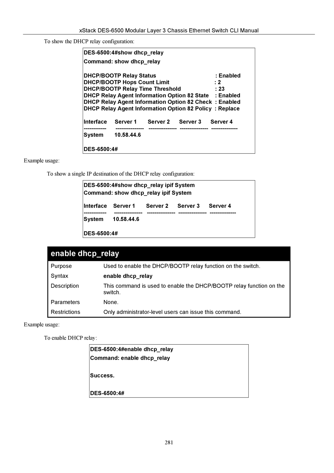 D-Link TM DES-6500 manual Enable dhcprelay, DES-65004#enable dhcprelay Command enable dhcprelay Success 