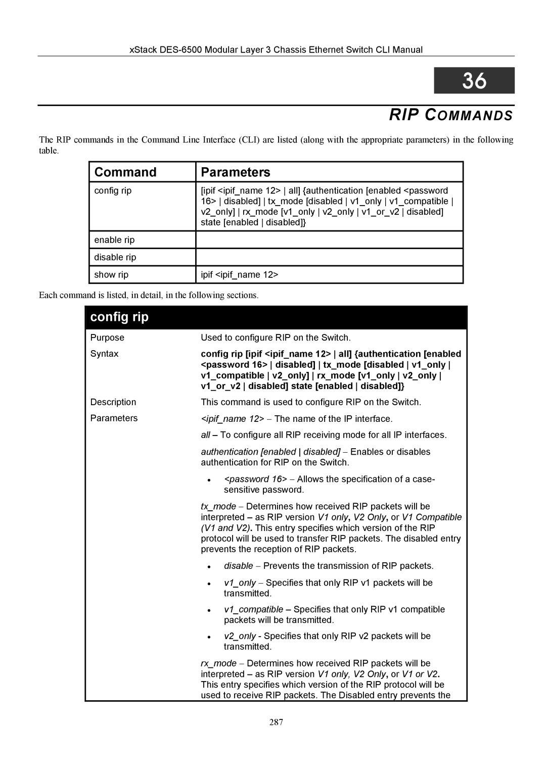 D-Link TM DES-6500 manual RIP Commands, Config rip 