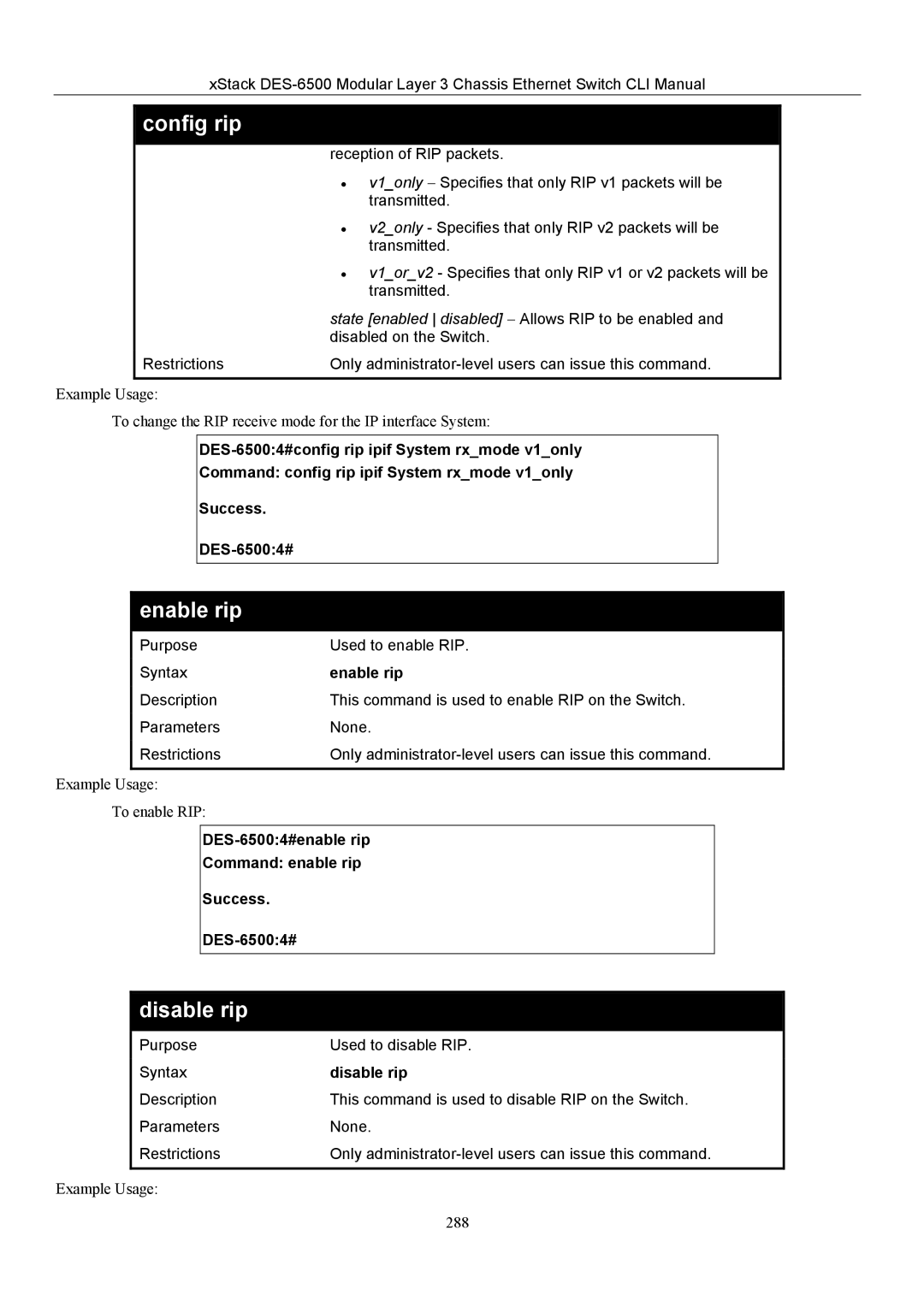 D-Link TM DES-6500 manual Enable rip, Disable rip, DES-65004#enable rip Command enable rip Success 