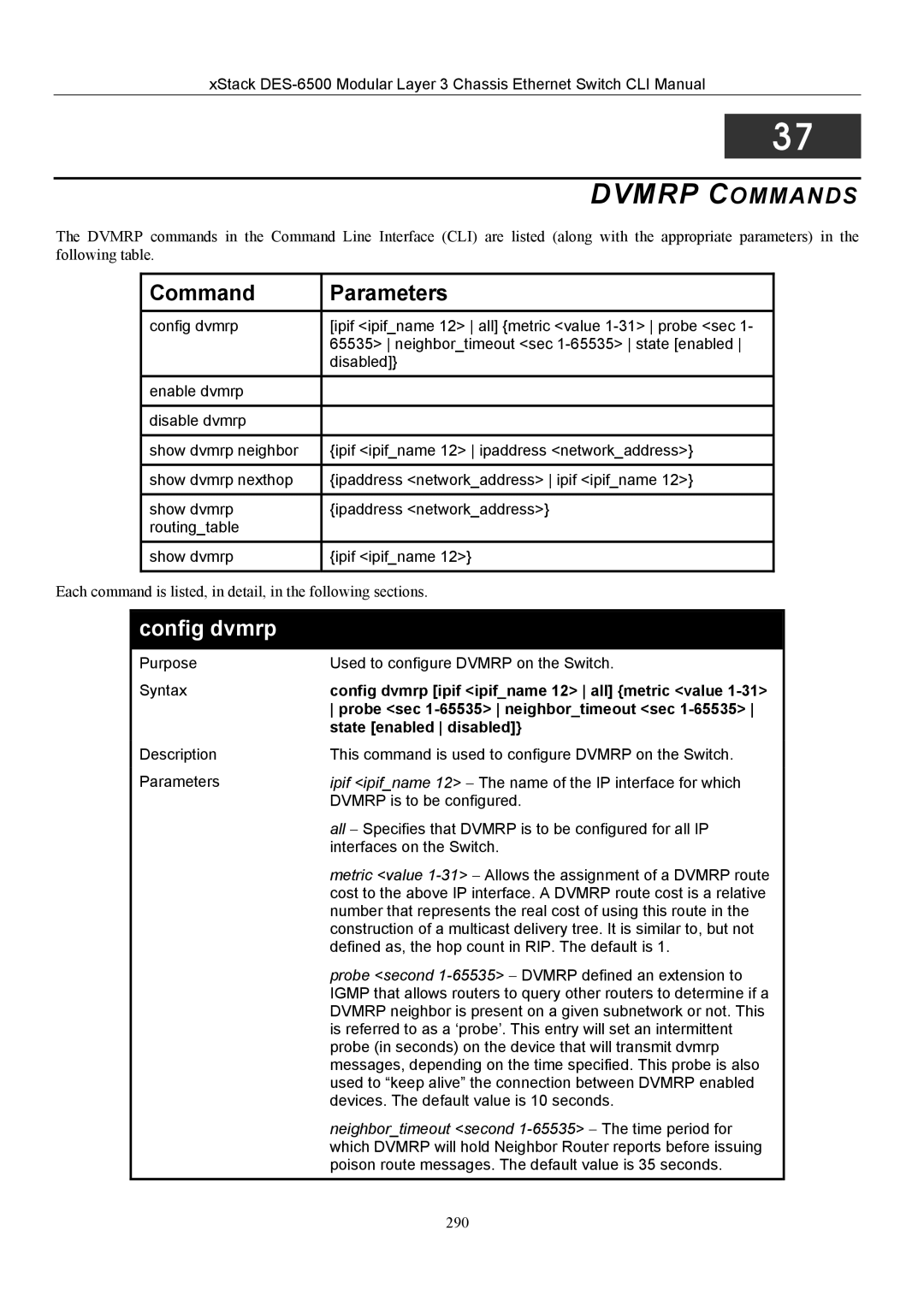 D-Link TM DES-6500 manual Config dvmrp ipif ipifname 12 all metric value, Probe sec 1-65535 neighbortimeout sec 