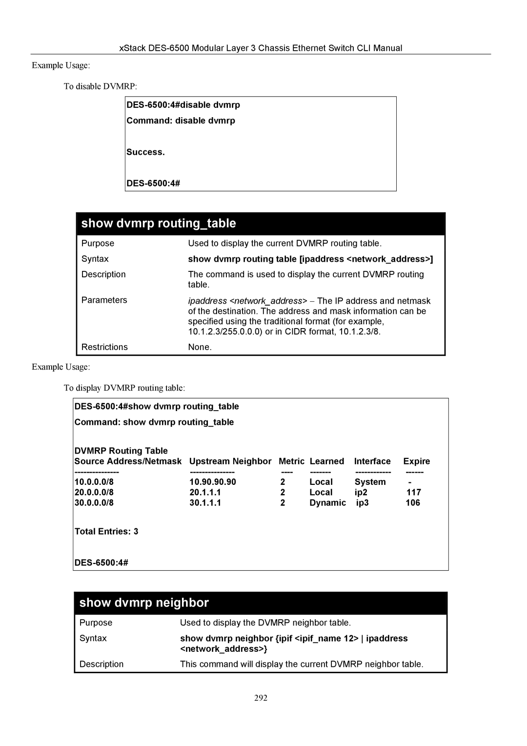 D-Link TM DES-6500 manual Show dvmrp routingtable, Show dvmrp neighbor 
