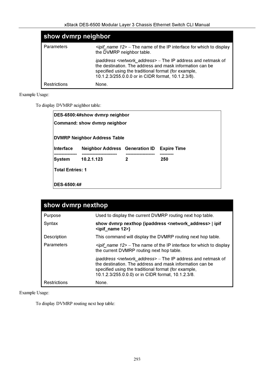 D-Link TM DES-6500 manual Show dvmrp nexthop, System 10.2.1.123 250 Total Entries DES-65004#, Ipifname 