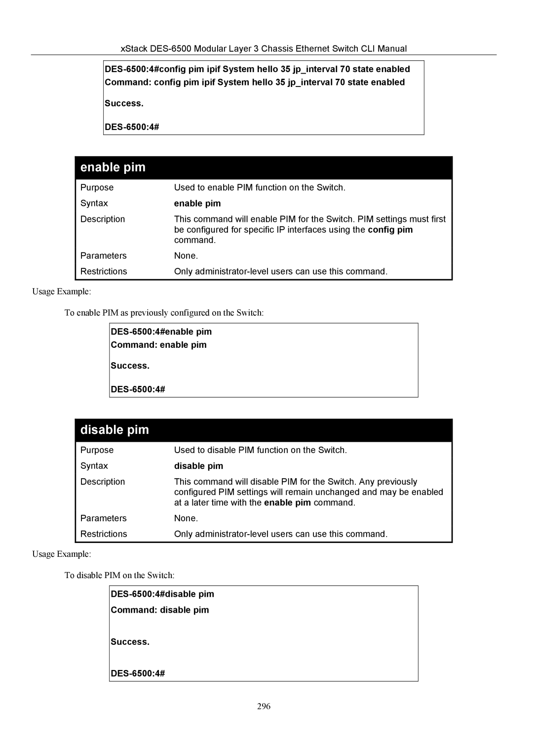 D-Link TM DES-6500 manual Enable pim, Disable pim 