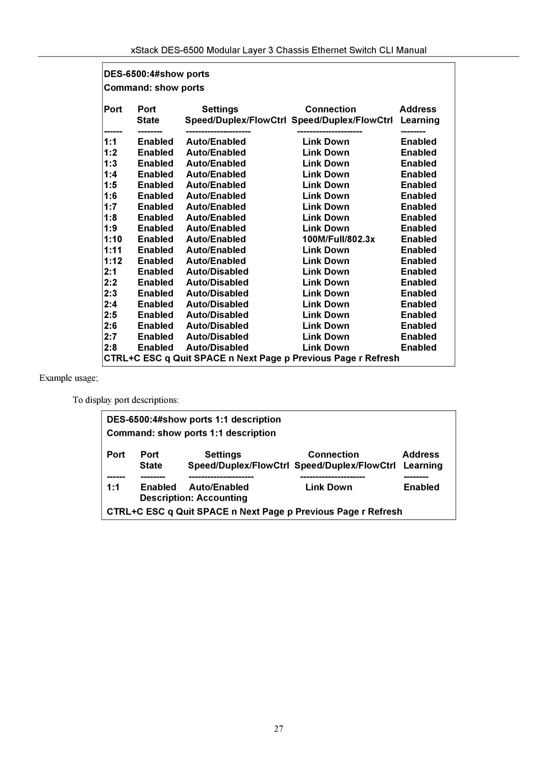 D-Link TM DES-6500 manual Example usage To display port descriptions 