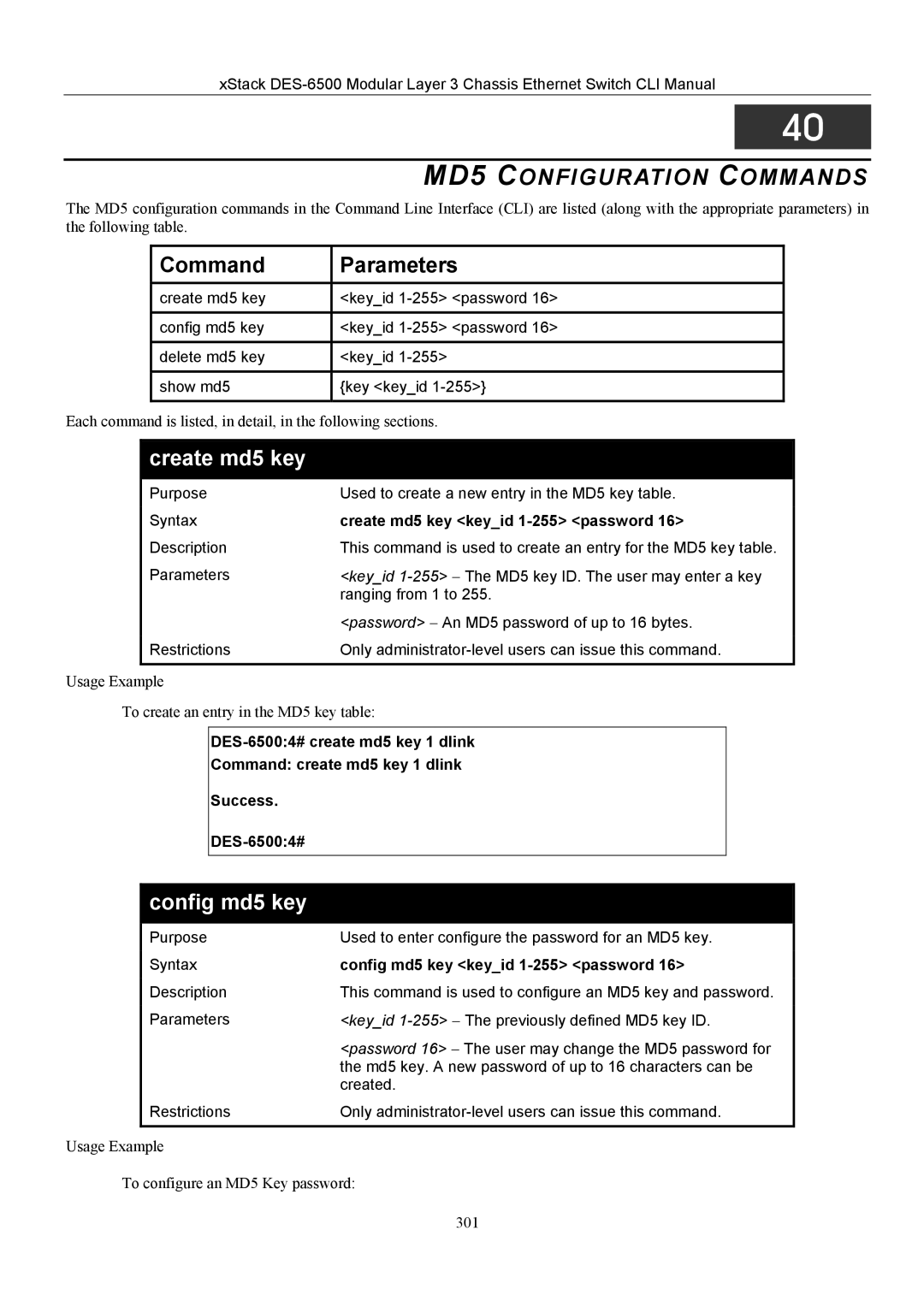 D-Link TM DES-6500 manual MD5 Configuration Commands, Config md5 key, Create md5 key keyid 1-255 password 