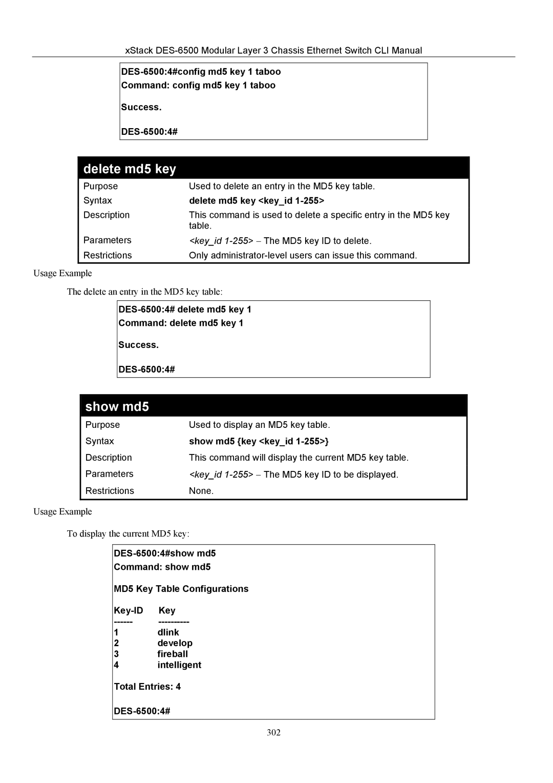 D-Link TM DES-6500 manual Show md5, Delete md5 key keyid, DES-65004# delete md5 key Command delete md5 key Success 