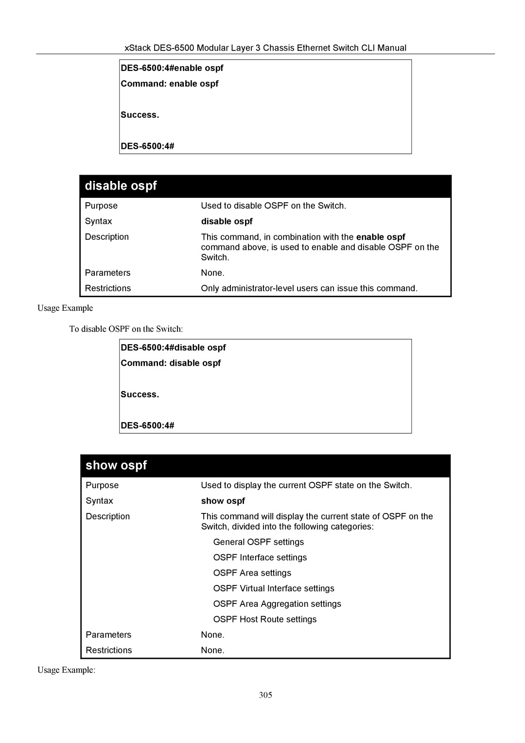 D-Link TM DES-6500 manual Disable ospf, Show ospf 