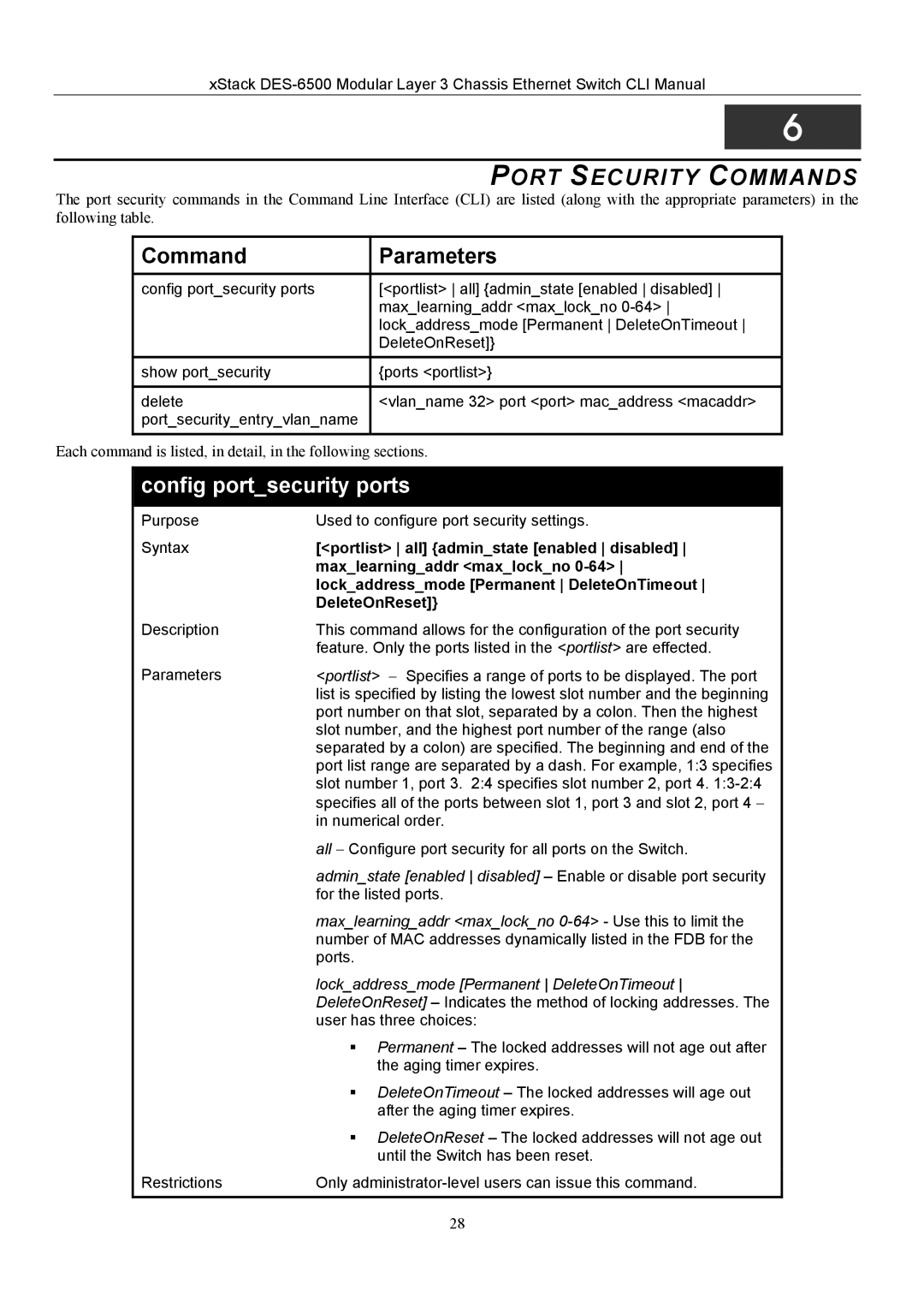 D-Link TM DES-6500 manual Port Security Commands, Config portsecurity ports 