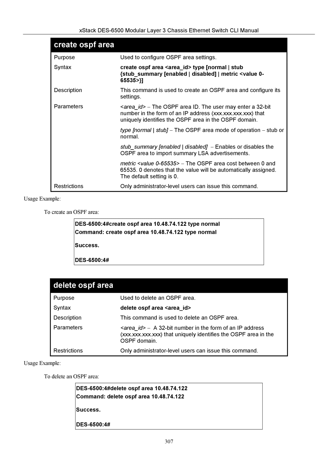 D-Link TM DES-6500 manual Create ospf area, Delete ospf area 