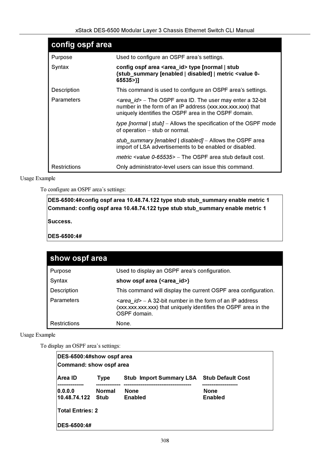 D-Link TM DES-6500 manual Config ospf area areaid type normal stub, Show ospf area areaid 