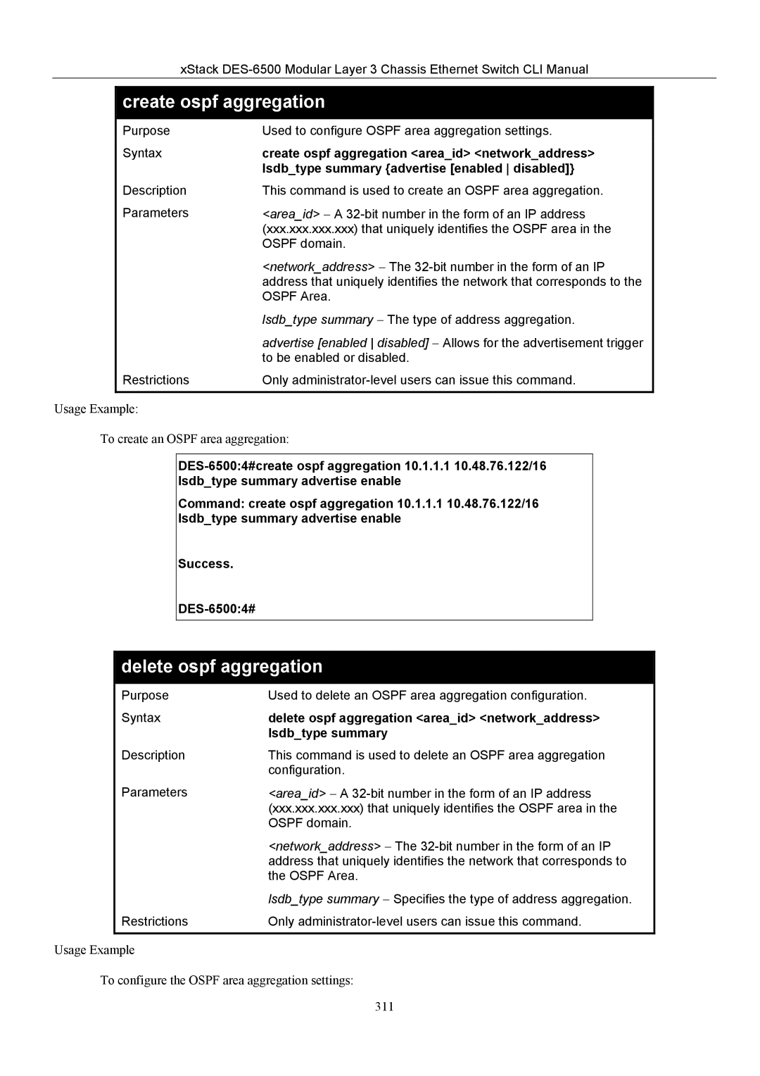 D-Link TM DES-6500 manual Create ospf aggregation, Delete ospf aggregation 