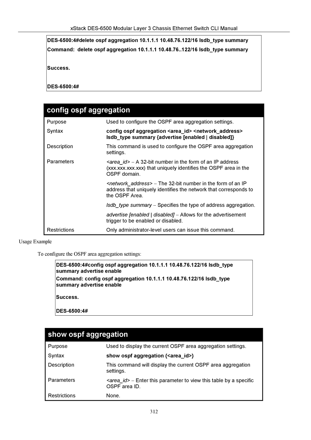 D-Link TM DES-6500 manual Config ospf aggregation areaid networkaddress, Show ospf aggregation areaid 