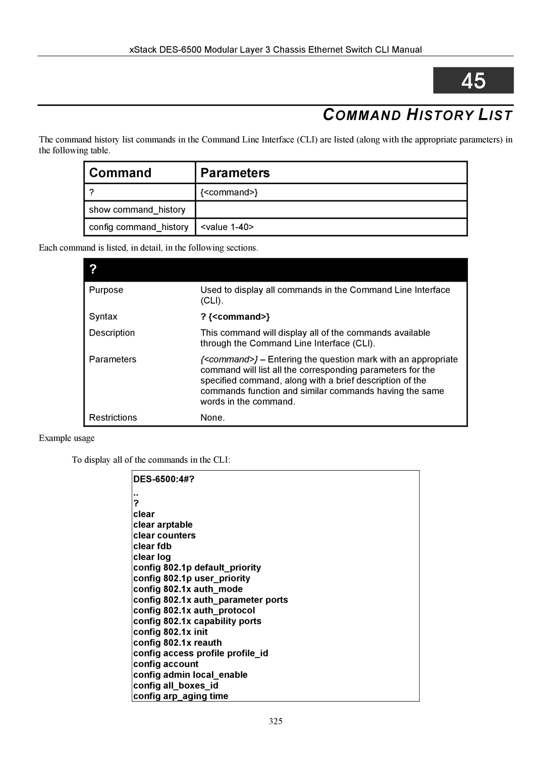 D-Link TM DES-6500 manual Command History List, ? command 