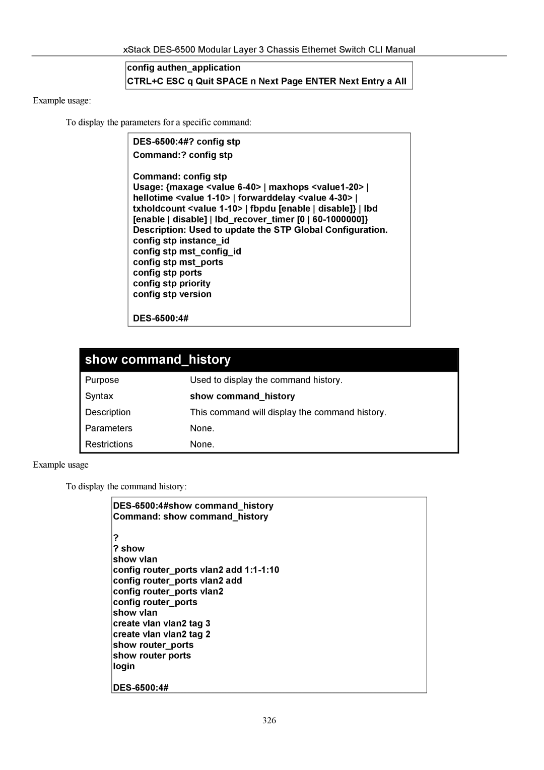 D-Link TM DES-6500 manual Show commandhistory 