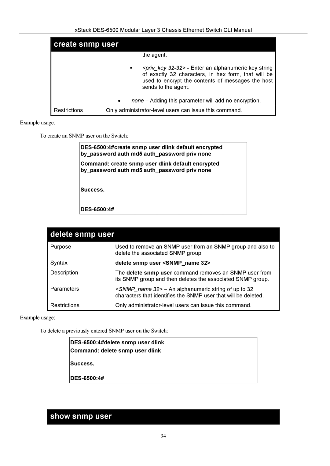 D-Link TM DES-6500 manual Show snmp user, Delete snmp user SNMPname 