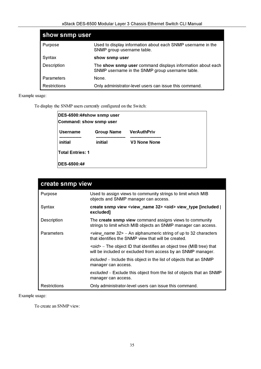 D-Link TM DES-6500 manual Show snmp user, Create snmp view viewname 32 oid viewtype included, Excluded 