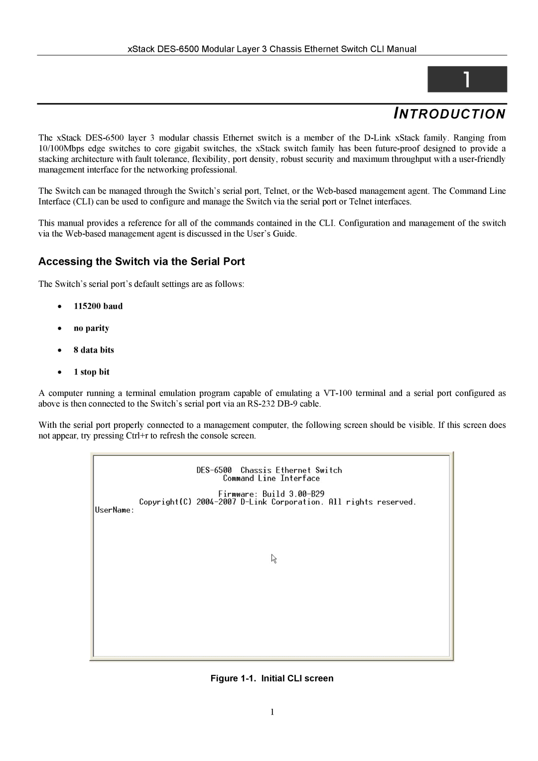 D-Link TM DES-6500 manual Introduction, Initial CLI screen 