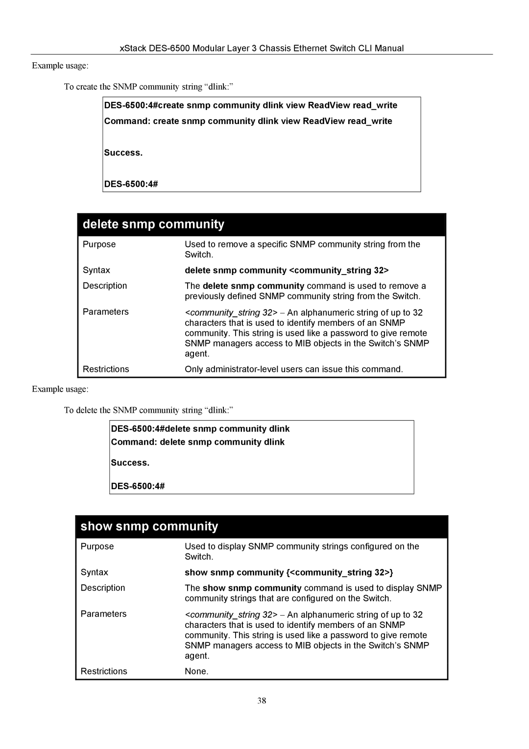 D-Link TM DES-6500 manual Delete snmp community communitystring, Show snmp community communitystring 