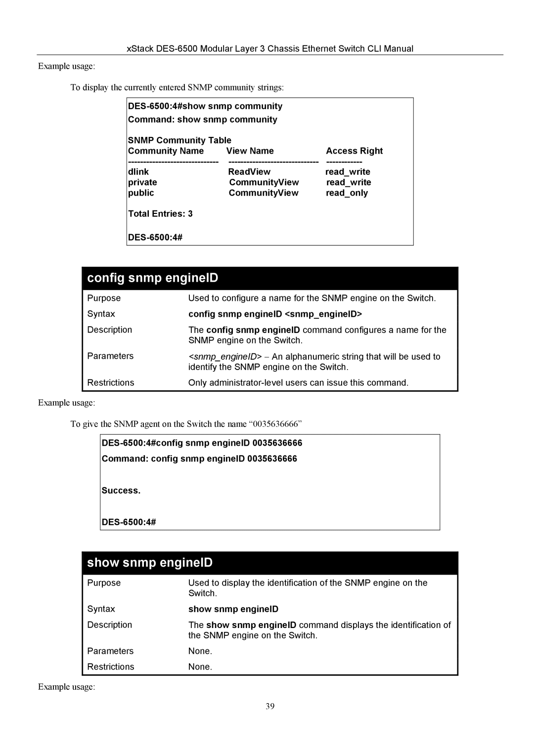 D-Link TM DES-6500 manual Show snmp engineID, Config snmp engineID snmpengineID 