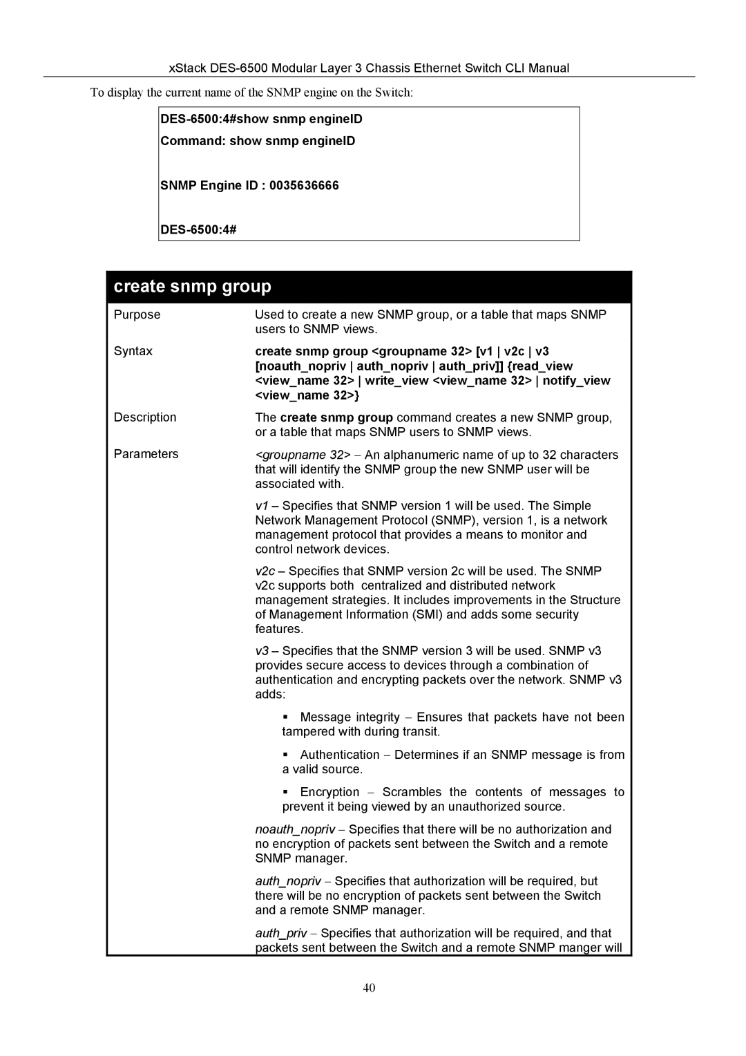 D-Link TM DES-6500 manual Create snmp group groupname 32 v1 v2c, Noauthnopriv authnopriv authpriv readview, Viewname 