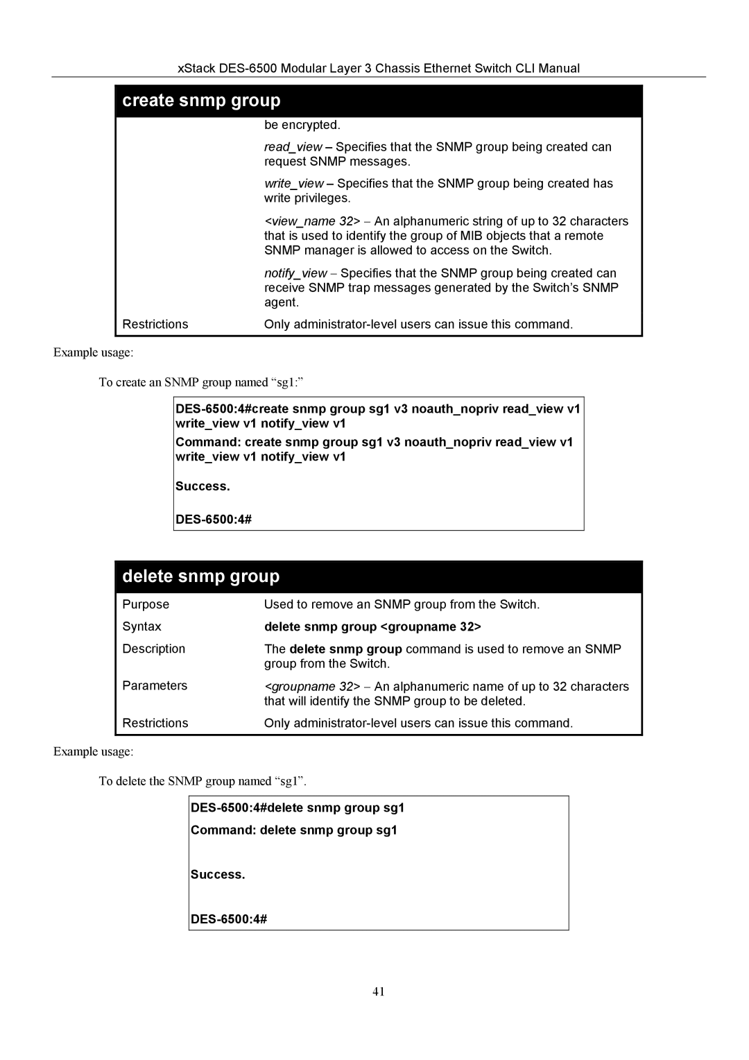 D-Link TM DES-6500 manual Delete snmp group groupname 