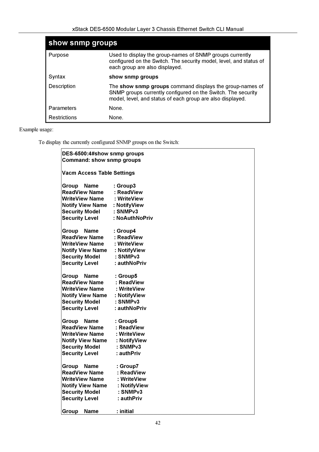 D-Link TM DES-6500 manual Show snmp groups 