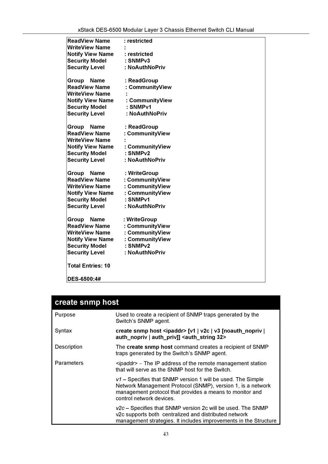 D-Link TM DES-6500 manual Create snmp host ipaddr v1 v2c v3 noauthnopriv, Authnopriv authpriv authstring 