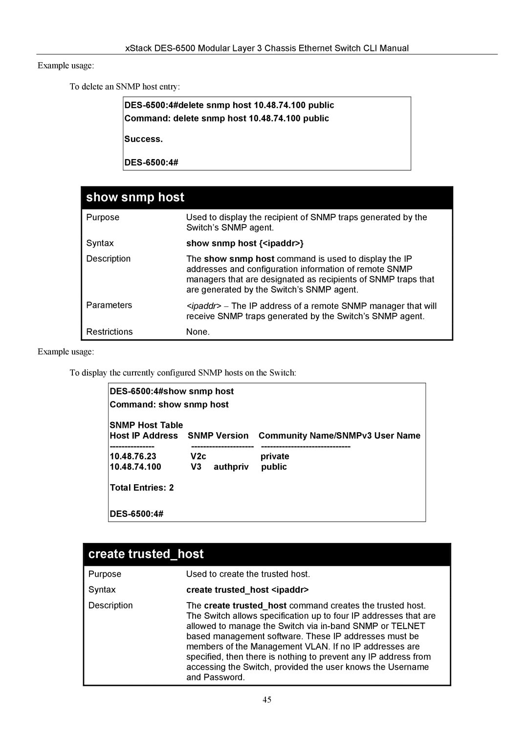 D-Link TM DES-6500 manual Show snmp host ipaddr, Create trustedhost ipaddr 