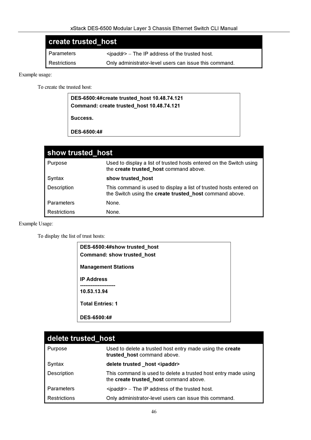 D-Link TM DES-6500 Show trustedhost, Delete trustedhost, Create trustedhost command above, Delete trusted host ipaddr 