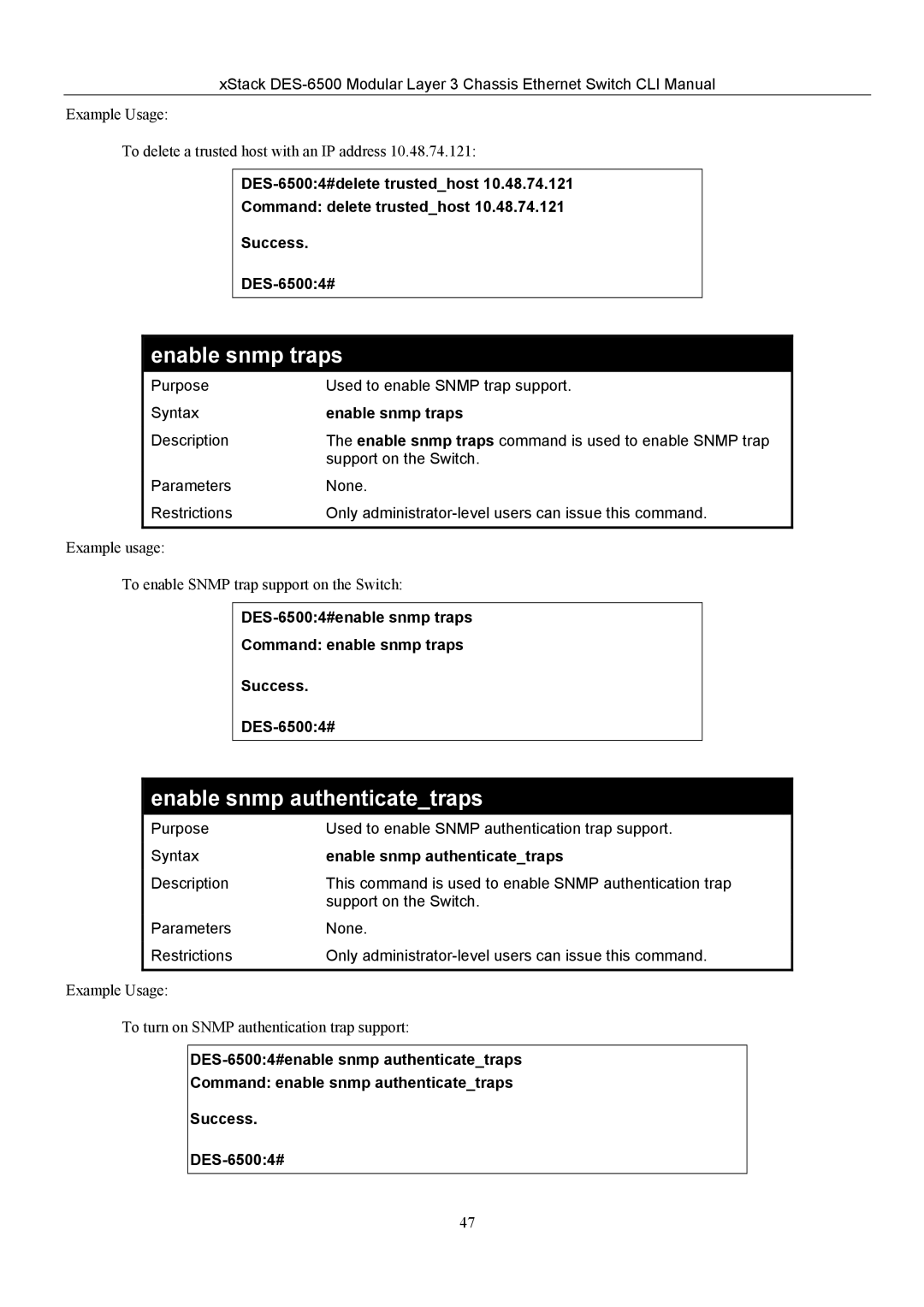 D-Link TM DES-6500 manual Enable snmp traps, Enable snmp authenticatetraps 