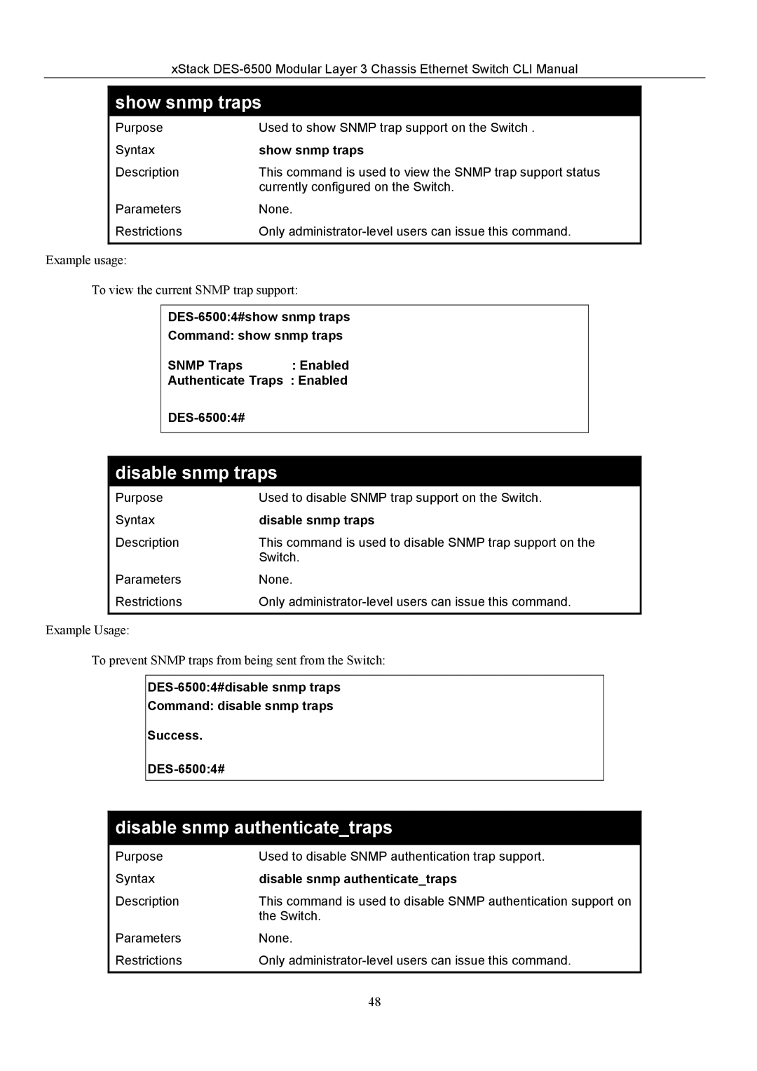 D-Link TM DES-6500 manual Show snmp traps, Disable snmp traps, Disable snmp authenticatetraps 