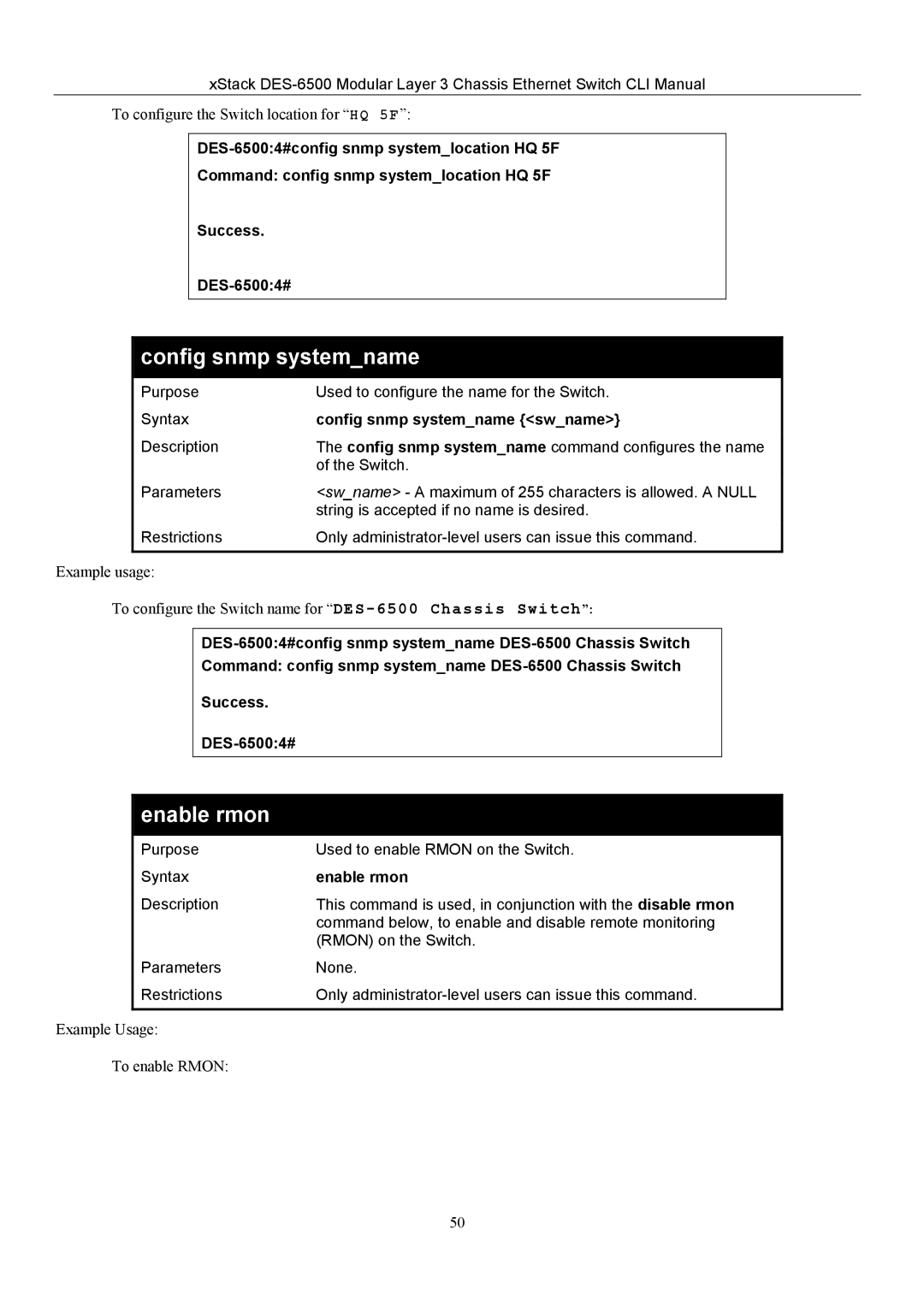 D-Link TM DES-6500 manual Enable rmon, Config snmp systemname swname 