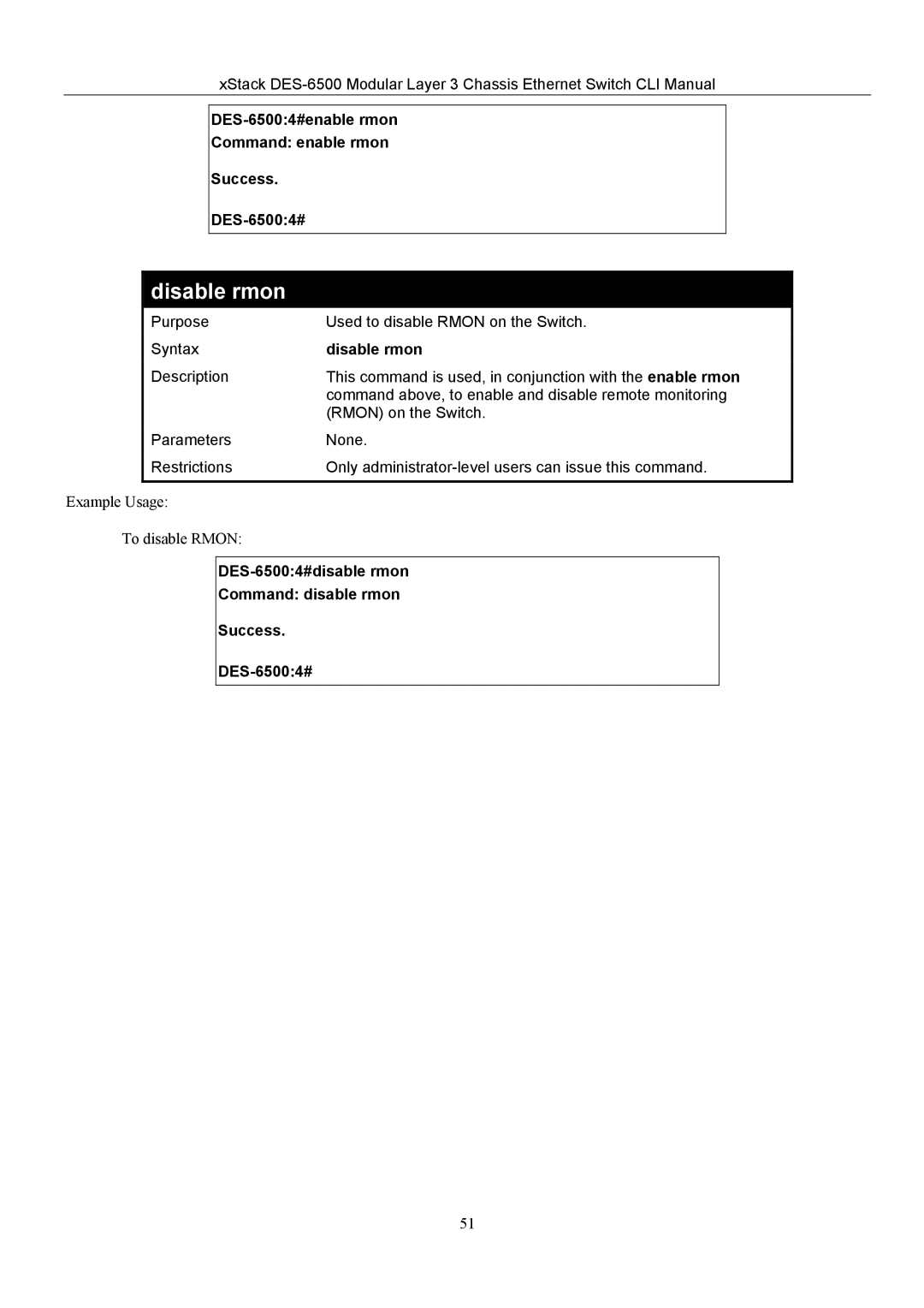 D-Link TM DES-6500 manual Disable rmon, DES-65004#enable rmon Command enable rmon Success 