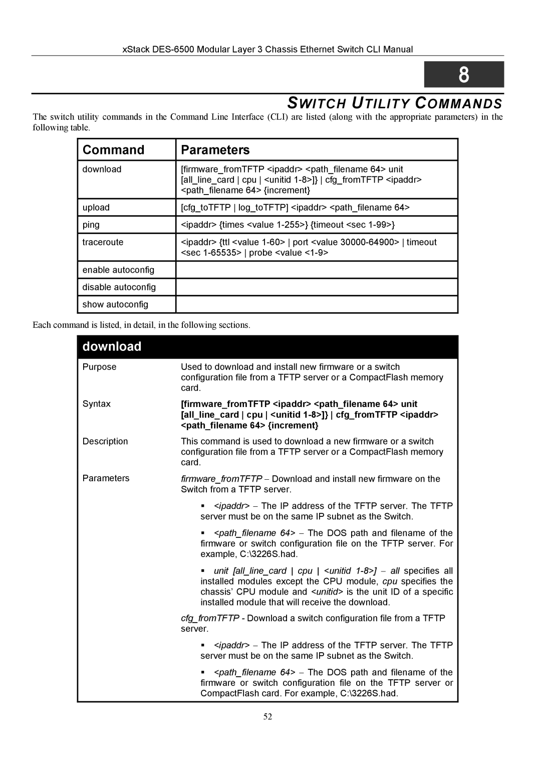 D-Link TM DES-6500 manual Switch Utility Commands, Download, FirmwarefromTFTP ipaddr pathfilename 64 unit 