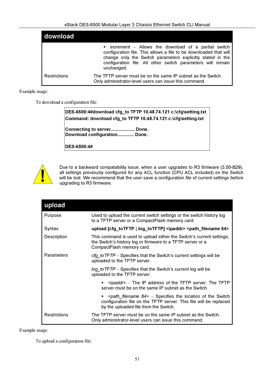 D-Link TM DES-6500 manual Download configuration Done DES-65004#, Upload cfgtoTFTP logtoTFTP ipaddr pathfilename 