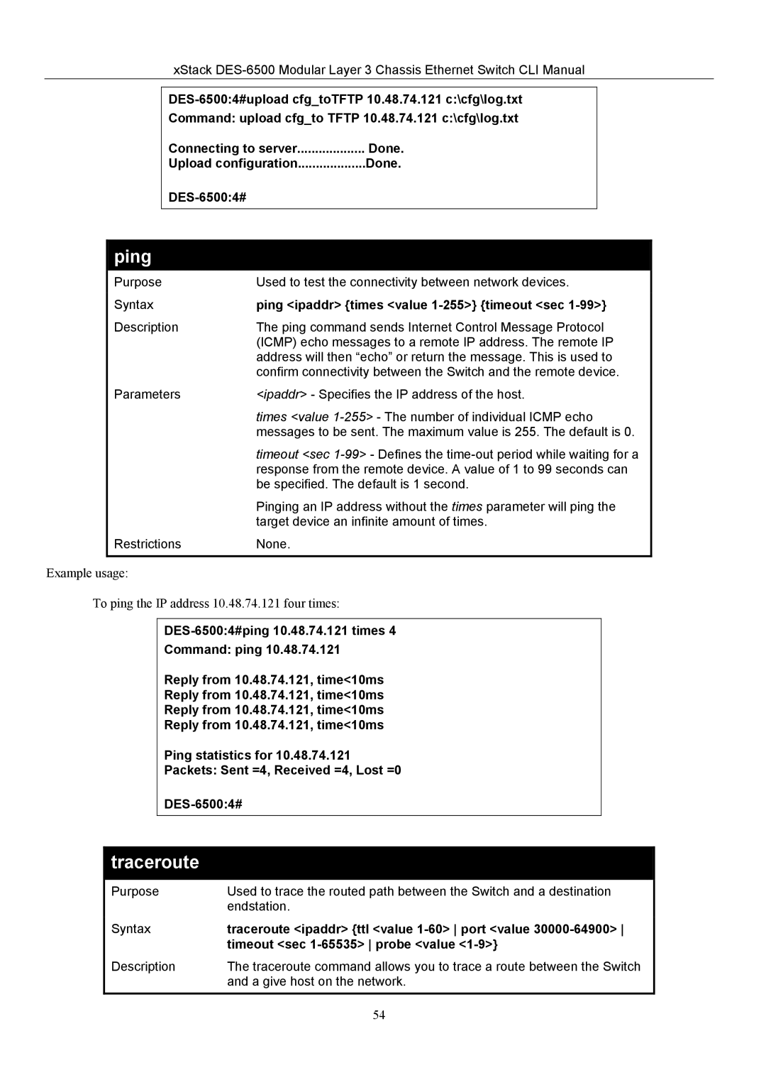 D-Link TM DES-6500 manual Traceroute, Ping ipaddr times value 1-255 timeout sec 