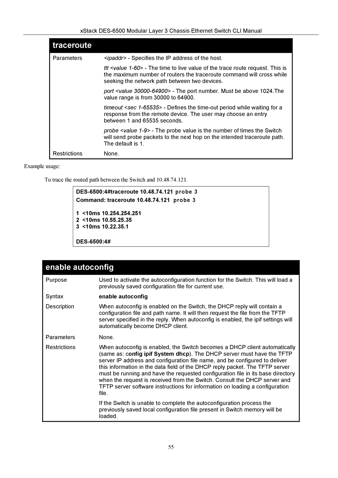 D-Link TM DES-6500 manual Enable autoconfig 