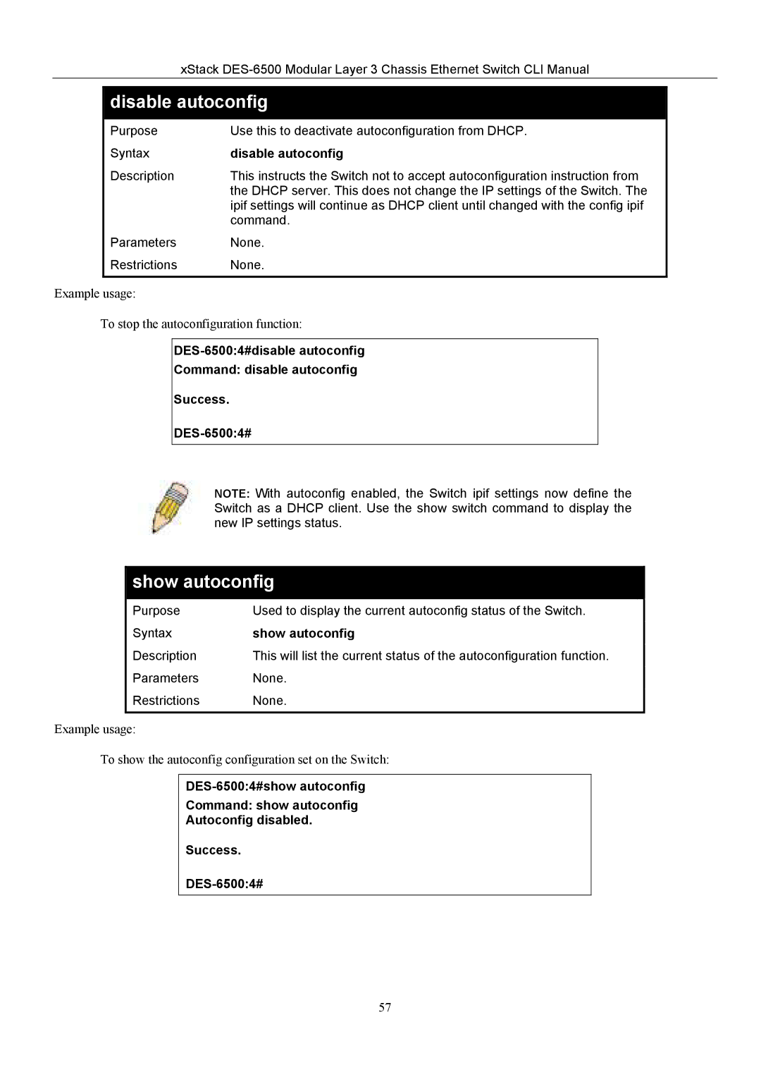 D-Link TM DES-6500 manual Disable autoconfig, Show autoconfig 